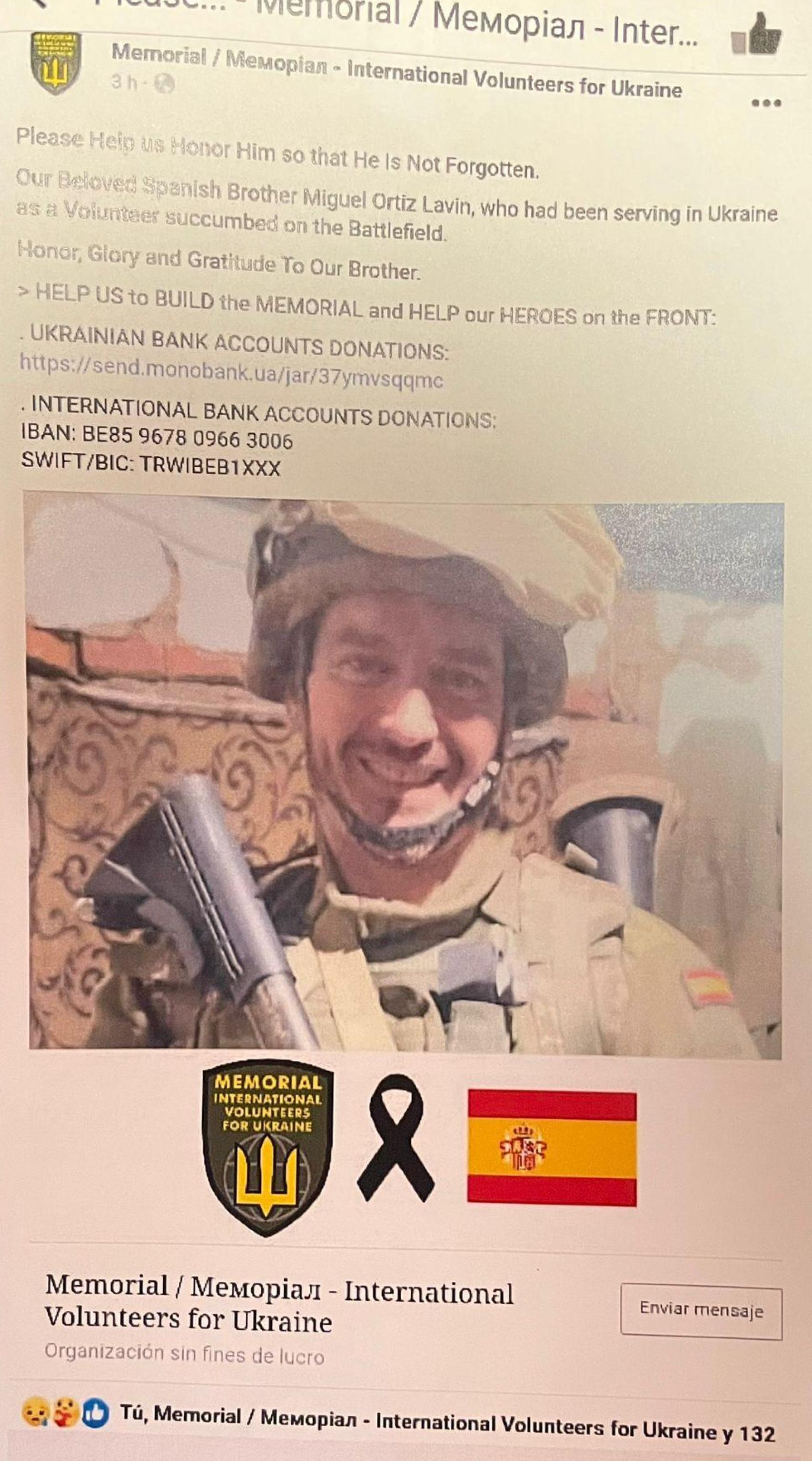 Imagen de una publicación en un canal militar ucraniano en redes sociales donde se rinde homenaje a Miguel Ortiz por haber muerto en combate.