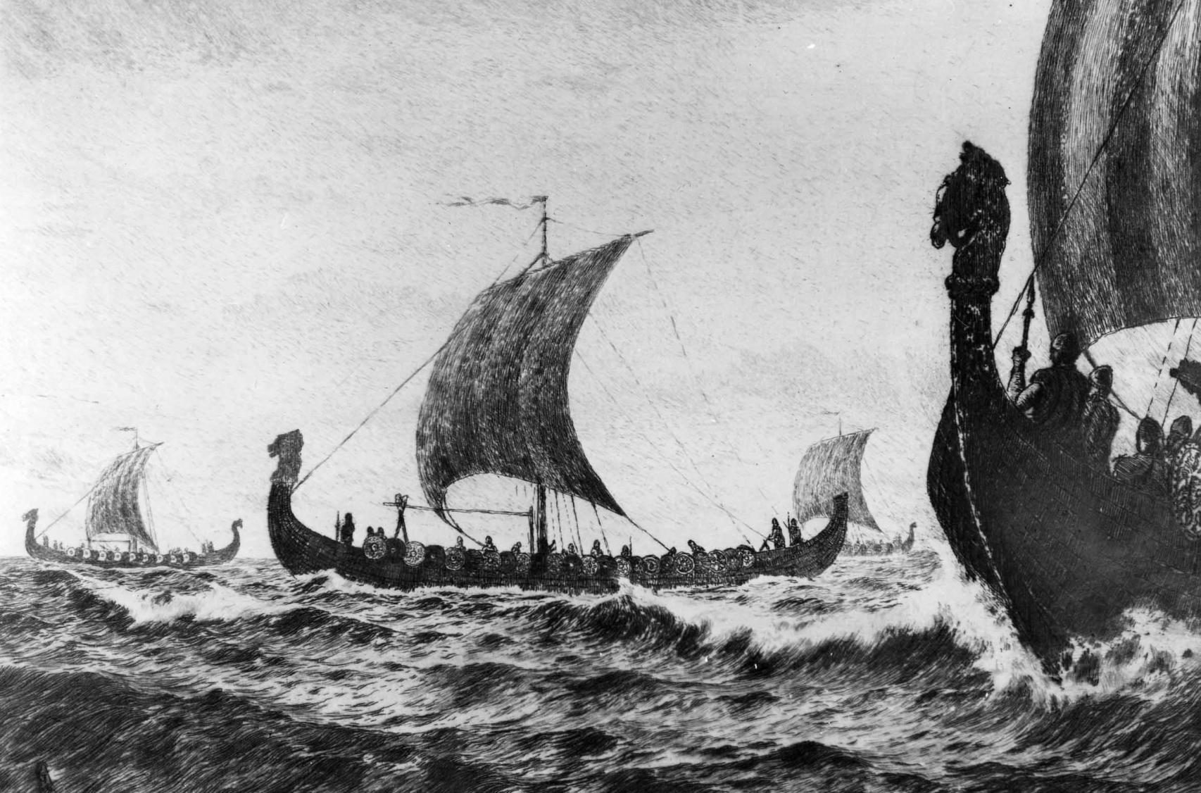 Barcos vikingos en una pintura de Gerhard Albe. © Museo Marítimo de Estocolmo (Suecia)