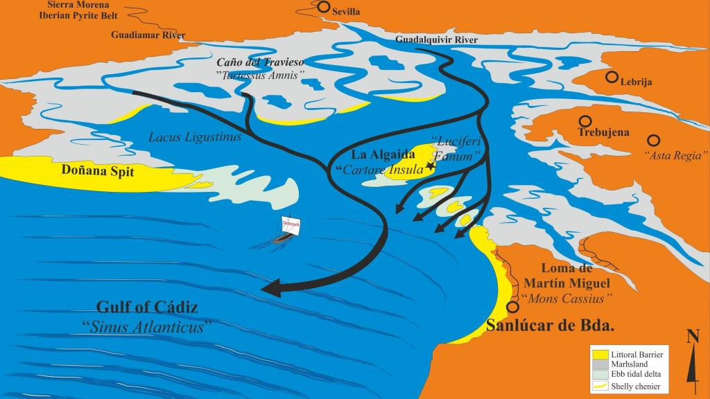 El río Tarteso (actual río Guadiamar por el Caño Travieso) y la isla de Cartare hacia el año 600 a.C.