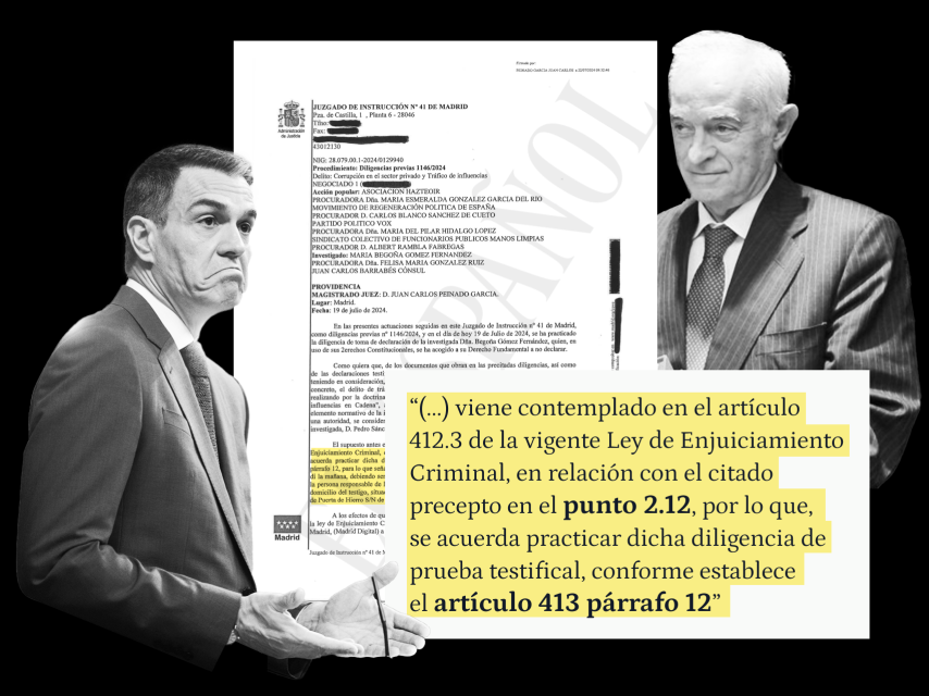 Montaje de Pedro Sánchez, el juez Peinado y la citación como testigo del presidente.