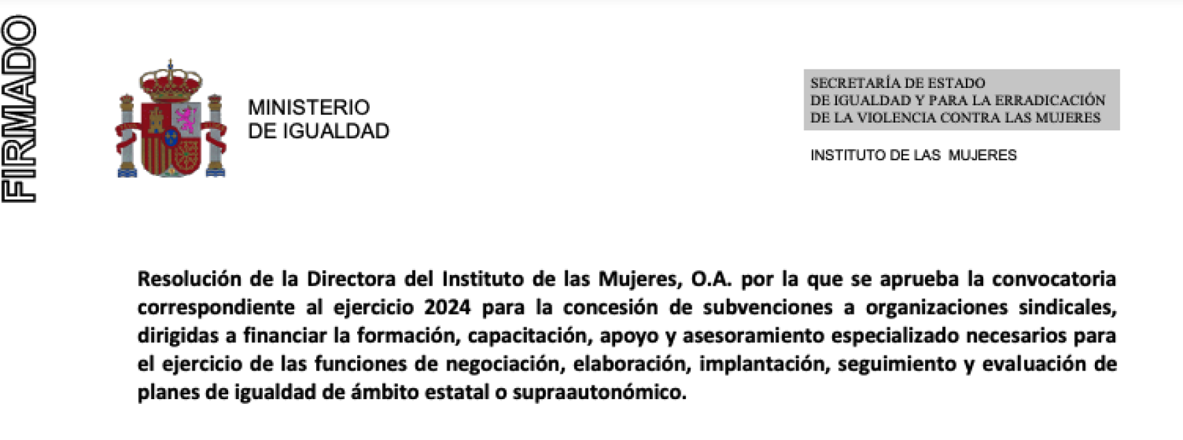 Resolución firmada por Isabel García, directora del Instituto de las Mujeres, para subvenciones en planes de igualdad.