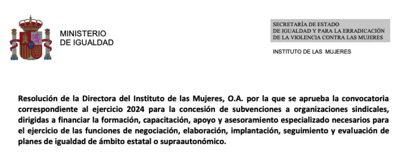 Resolución firmada por Isabel García, directora del Instituto de las Mujeres, para subvenciones en planes de igualdad.