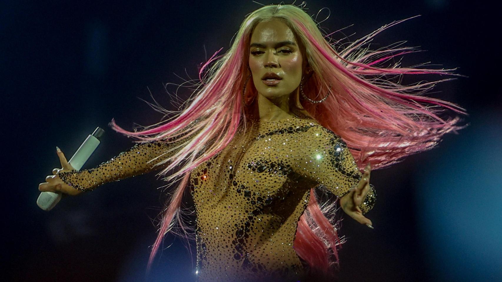 Karol G durante el concierto en el estadio Santiago Bernabeú de Madrid el 20 de julio. Foto: EuropaPress