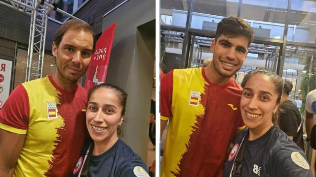 La jugadora chilena de tenis de mesa Paulina Vega, con Rafa Nadal y Carlos Alcaraz.