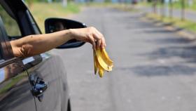 Persona arrojando por la ventanilla del coche la cáscara de un plátano.