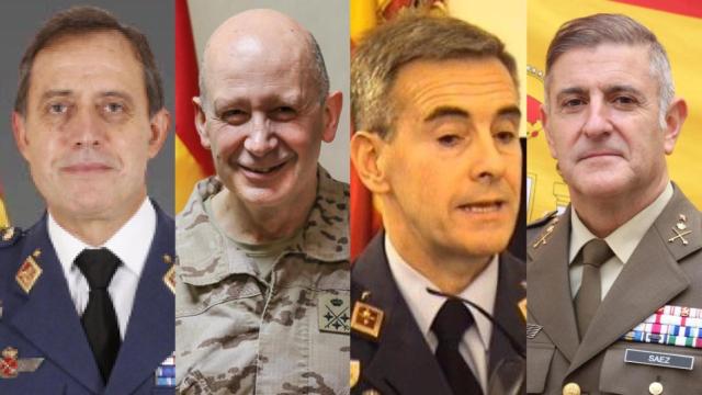 De izqda a dcha: el general Francisco Braco, nuevo Jefe de Estado Mayor del Aire y del Espacio; José Antonio Agüero, nuevo comandante del Mando de Operaciones; el teniente general José Antonio Herrera, nuevo Jefe del Estado Mayor Conjunto de la Defensa; y Luis Sáez, teniente general y nuevo jefe del cuartel general de la OTAN en Bétera .