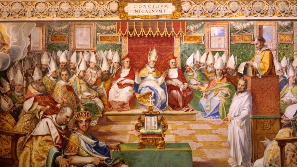 Un fresco del Vaticano que representa el Concilio de Nicea, presidido por Constantino.