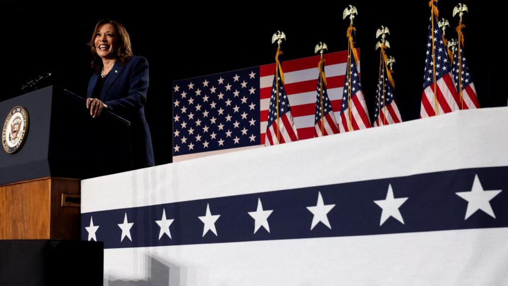 La vicepresidenta estadounidense, Kamala Harris, habla en un evento de campaña en West Allis, Wisconsin.