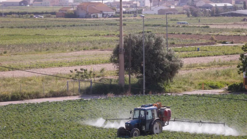 Un agricultor fumiga con su tractor un campo de hortalizas.