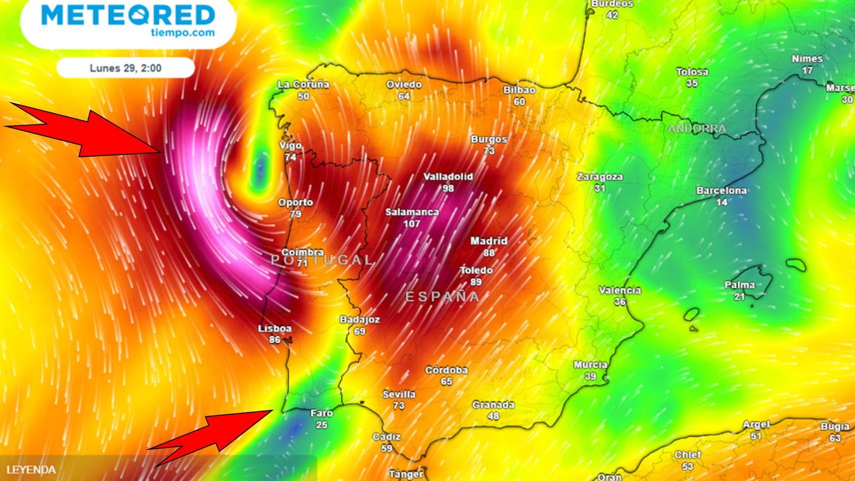 Las masas de aire que inestabilizarán más aún la Península el domingo por la tarde. Meteored.