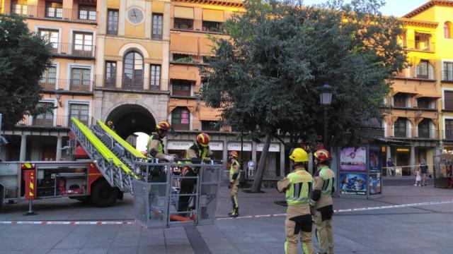 Los bomberos de Toledo proceden a talar un árbol en peligro de derrumbe en Zocodover.