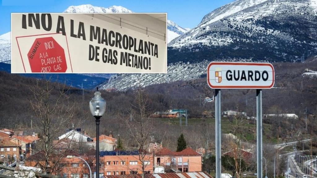 Una imagen de Guardo y una pancarta de Ecologistas en Acción contra la planta de biogás, en un montaje de EL ESPAÑOL
