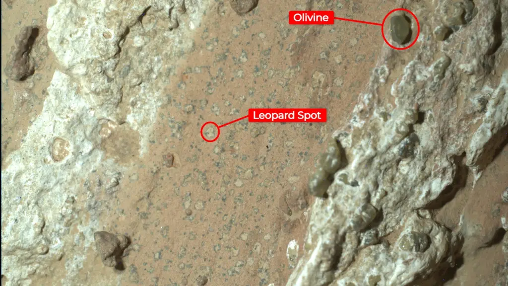 Las 'manchas de leopardo' y la olivina que han interesado a la NASA. JPL-Caltech/ASU/MSSS