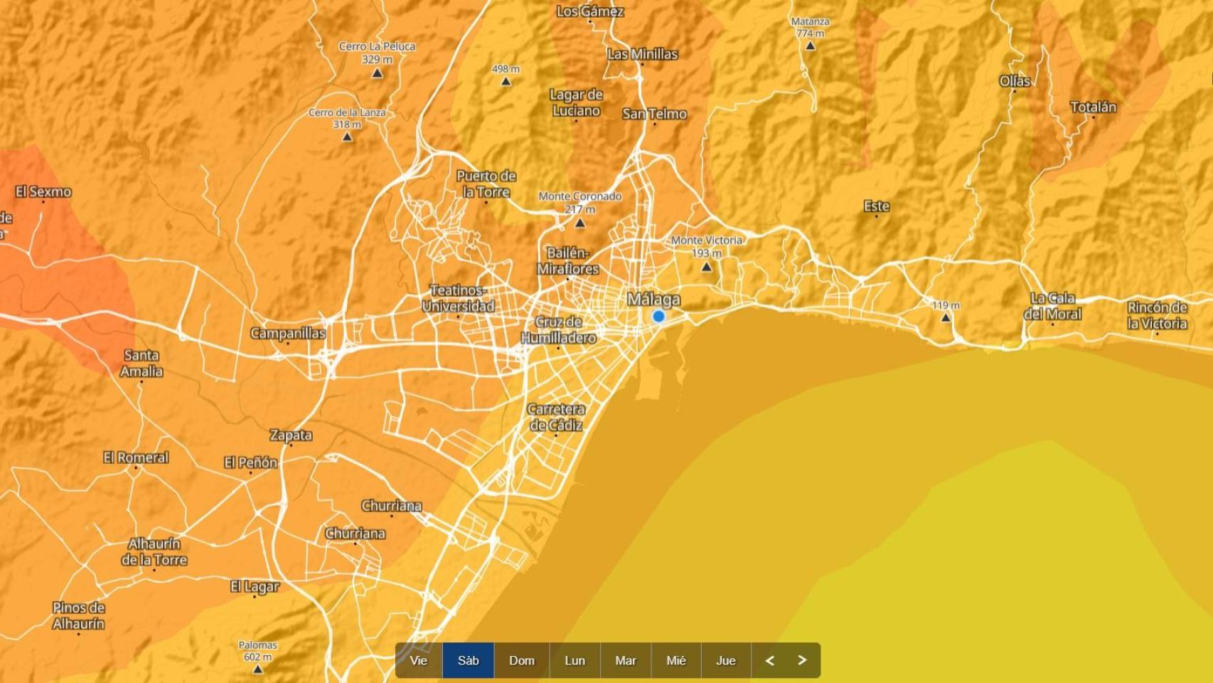 El mapa de Meteoblue que muestra las temperaturas de sábado en la capital.