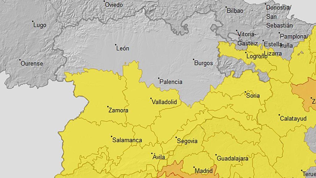 Mapa con los avisos amarillos en seis provincias de Castilla y León