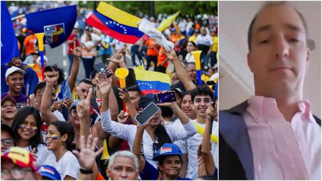 Mitin de la oposición a Maduro. A la derecha, el exdiputado en un vídeo que se ha grabado este sábado antes de su expulsión.