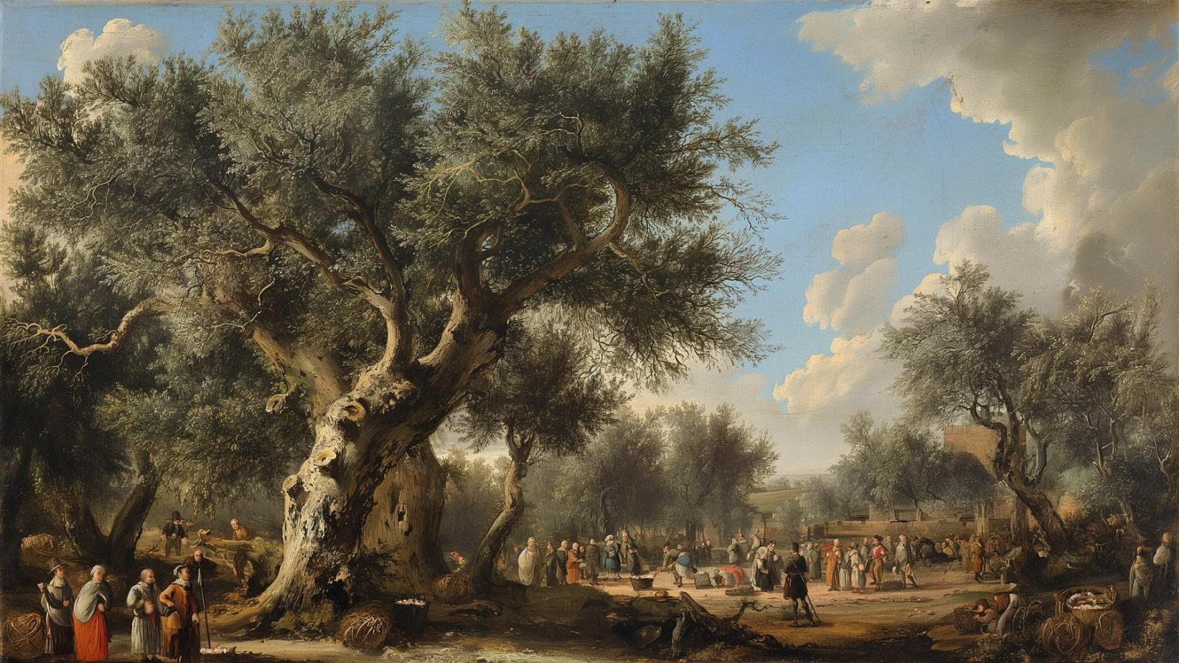 Representación artística de la recolección de la oliva