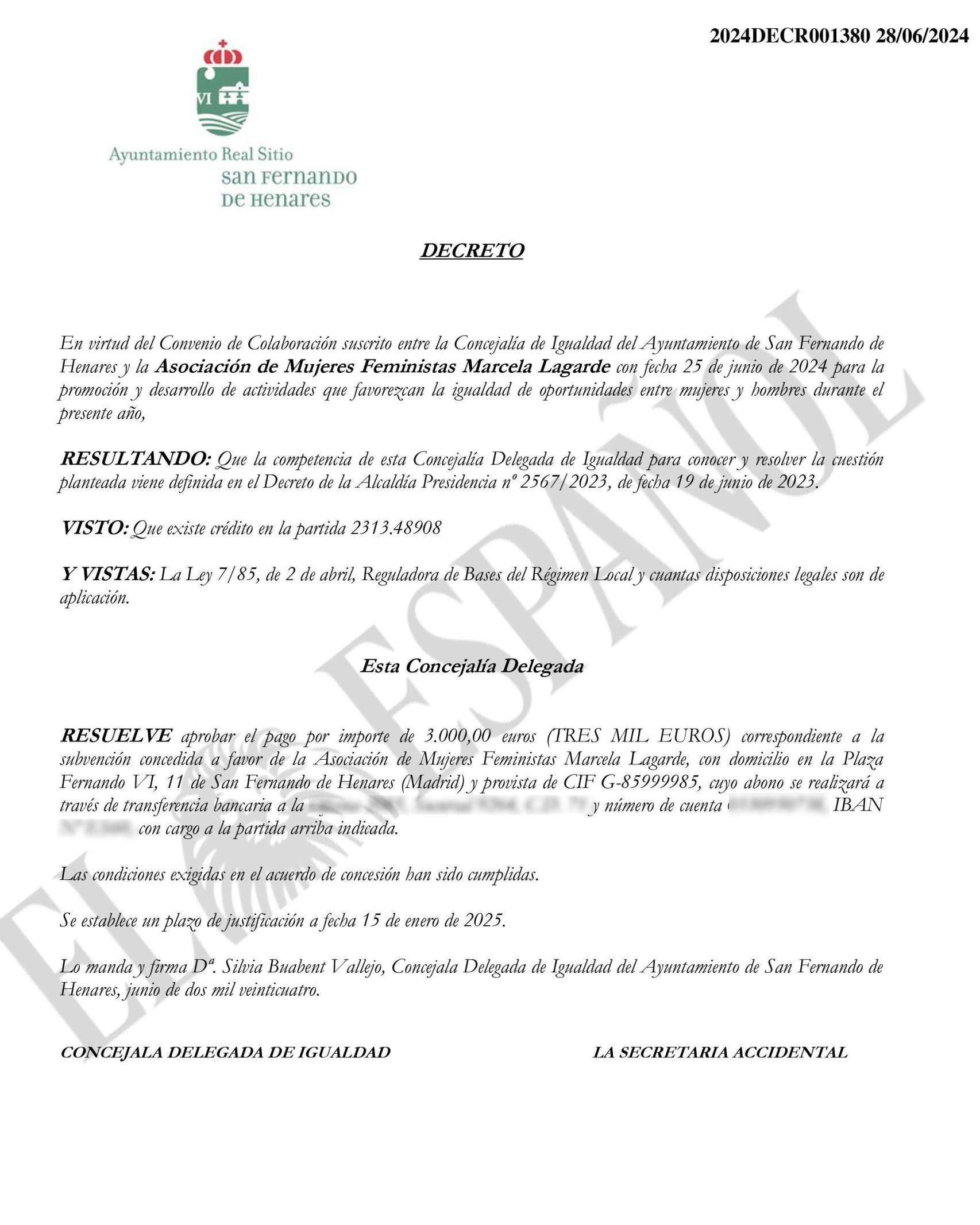 Decreto del convenio de 2024 entre el Ayuntamiento de San Fernando de Henares y la Asociación Marcela Lagarde.