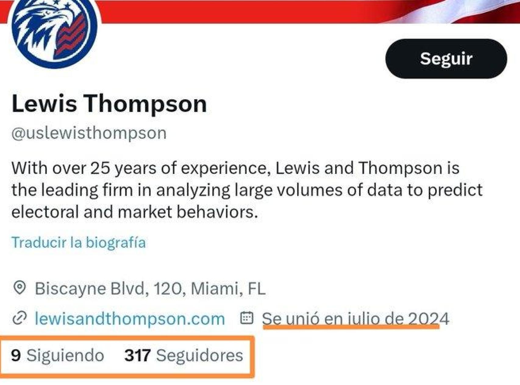 El perfil de Twitter de la consultora ficticia Lewis and Thompson Analytic Data, creado este mes de julio.