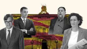 Salvador Illa, Pedro Sánchez, Oriol Junqueras y Marta Rovira, en un montaje junto al Palau de la Generalitat