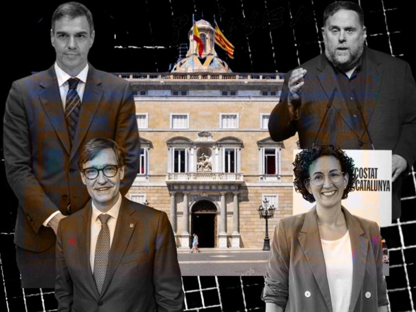 Pedro Sánchez, Salvador Illa, Oriol Junqueras y Marta Rovira, en un montaje junto al Palau de la Generalitat.