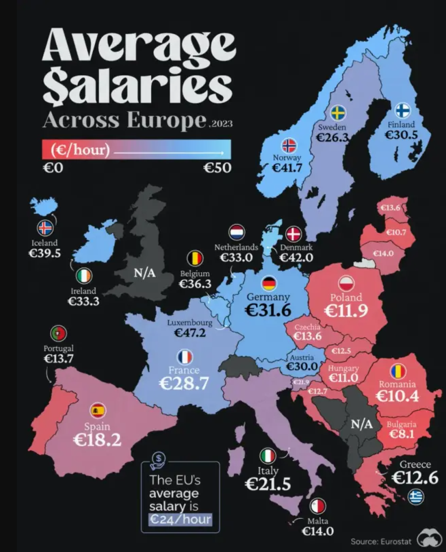 El mapa virtual con los salarios de Europa.