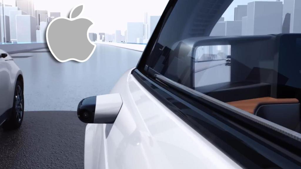 Fotomontaje del logo de Apple y una cámara como retrovisor en un coche.
