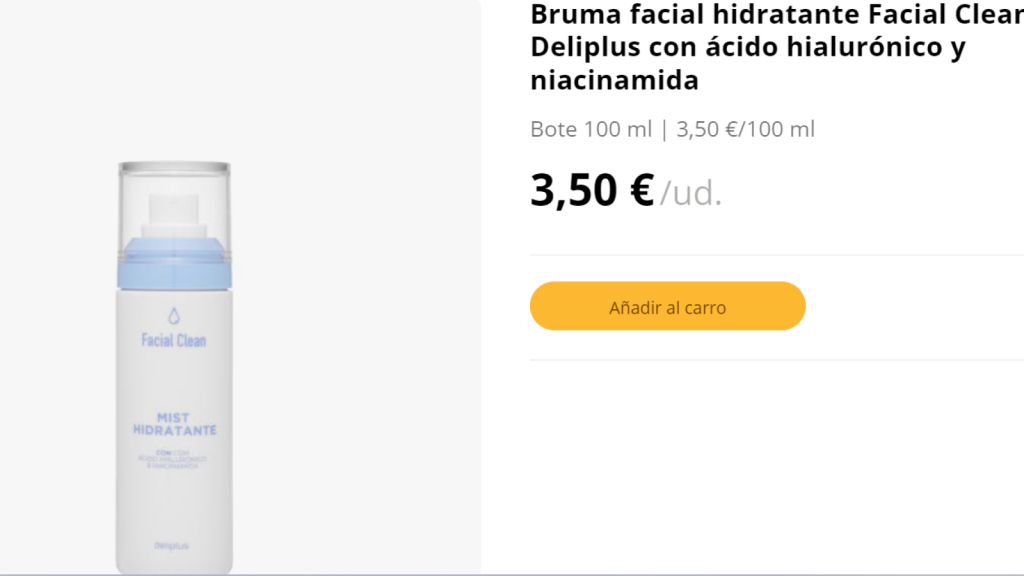 Bruma facial hidratante Facial Clean Deliplus con ácido hialurónico y niacinamida.