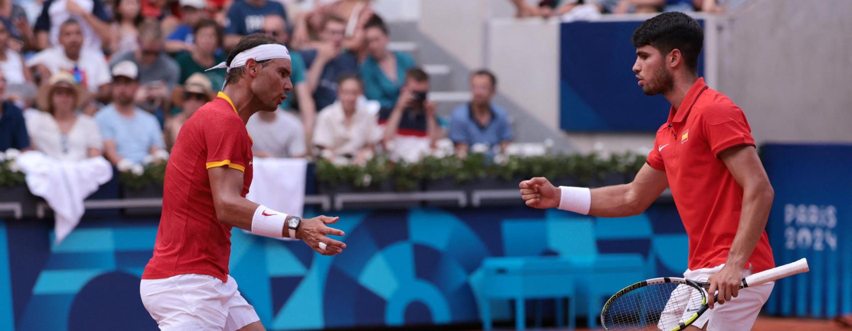 Nadal y Alcaraz, durante su partido de dobles en los Juegos Olímpicos de París.