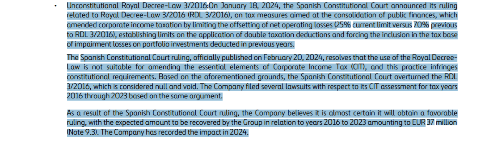 Nota en la que Ferrovial explica su situación fiscal con Hacienda en relación al Impuesto de Sociedades.