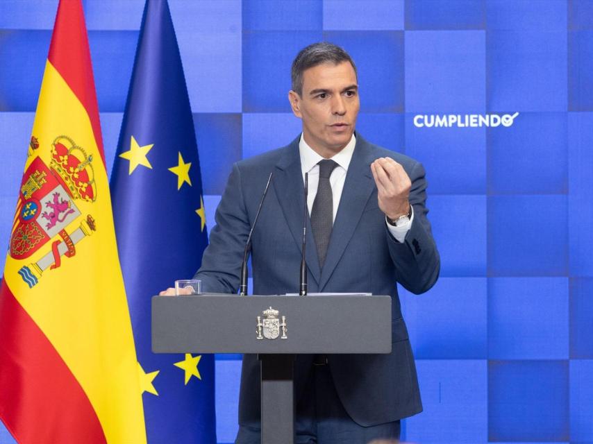 El presidente del Gobierno, Pedro Sánchez, durante su comparecencia en Moncloa.