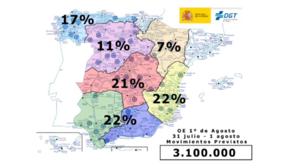 Mapa de desplazamientos esperados por la DGT en estas fechas.