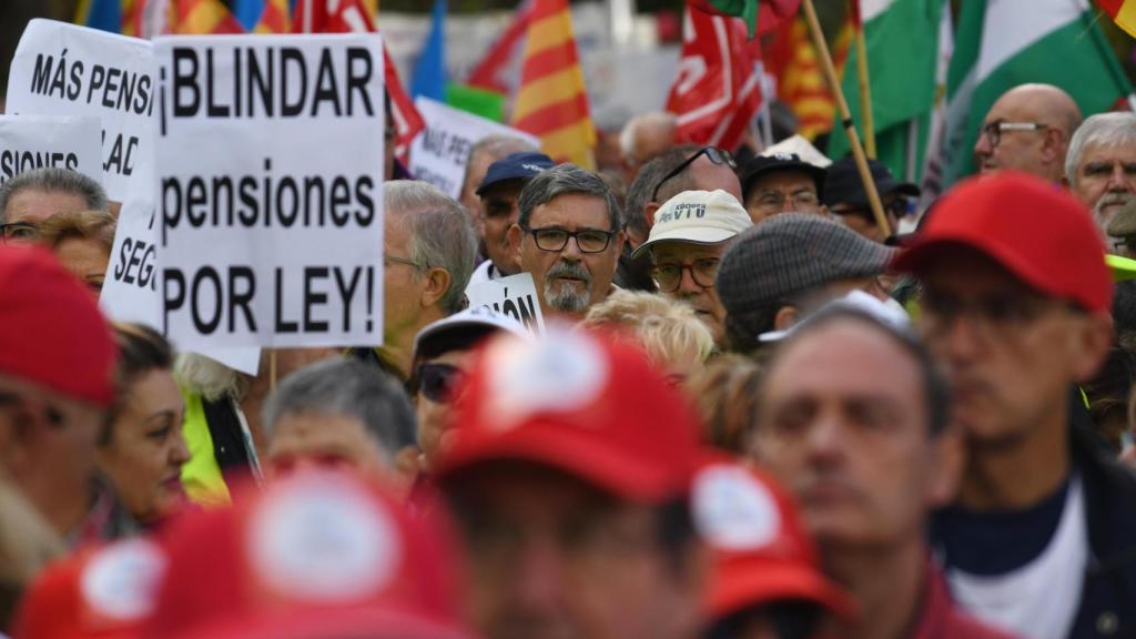 Decenas de personas portan carteles y banderas durante una concentración de pensionistas.