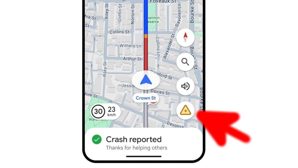 Botón para reportar incidentes en la carretera de Google Maps