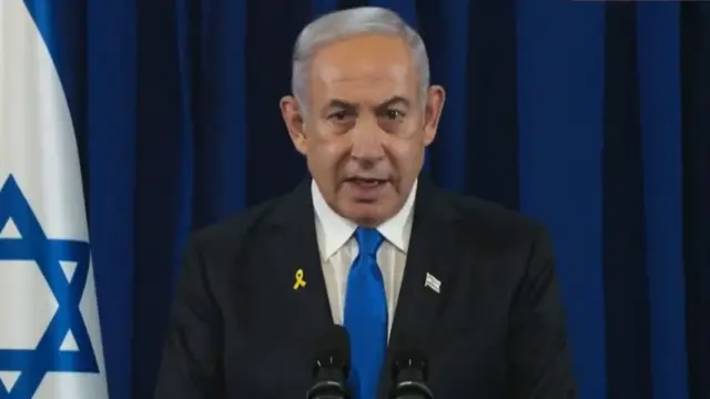 El primer ministro israelí, Benjamin Netanyahu, este miércoles en un discurso después del asesinato del líder de Hamás.