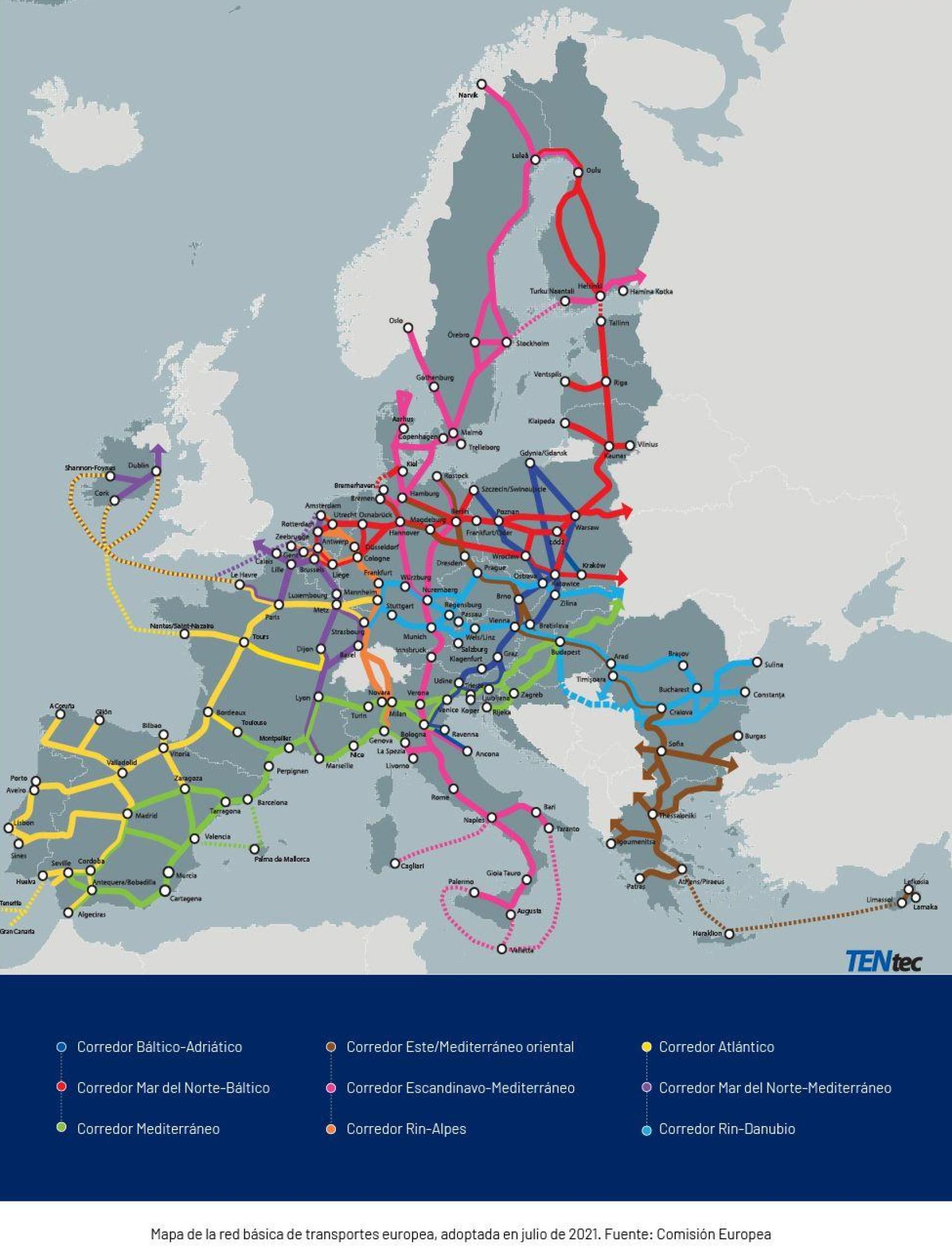 Corredores de la Red Transeuropea de Transporte (RTE-T).