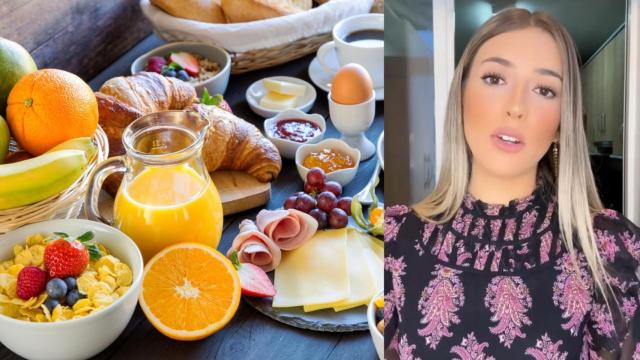 Mesa con varios alimentos típicos de desayuno y a la derecha la nutricionista Blanca Martín.