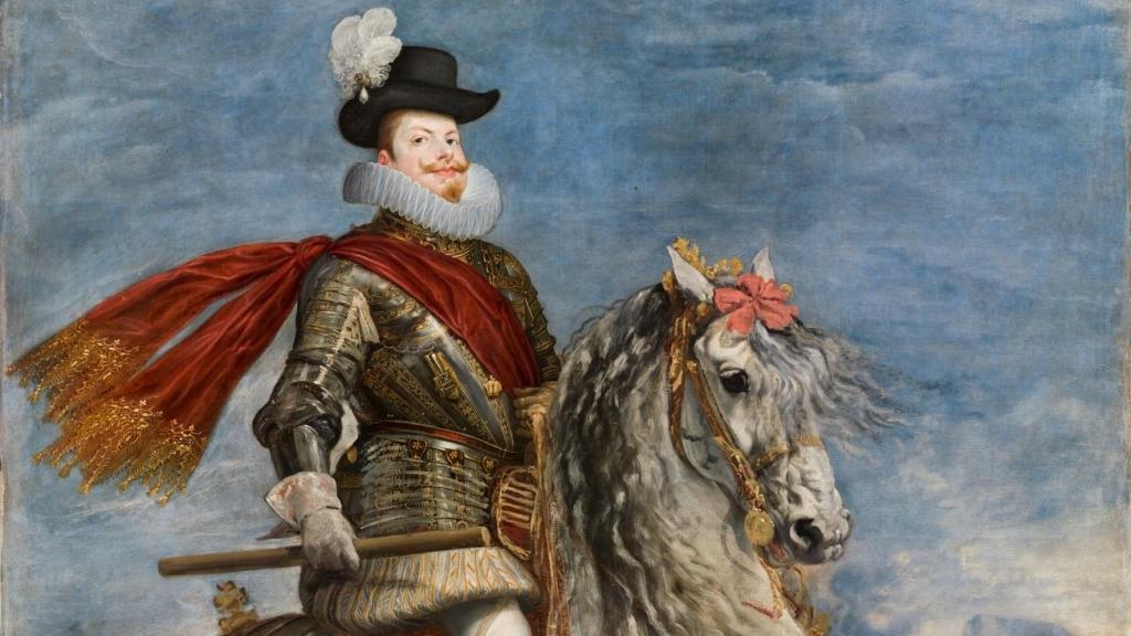 Felipe III, a caballo según el pincel de Velázquez en 1635. En su sombrero puede verse la Peregrina.