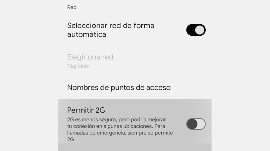 Opción de Permitir 2G en Android