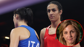 La boxeadora argelina Imane Khelif tras la retirada de la italiana Angela Carini / La bióloga Carole Hooven.