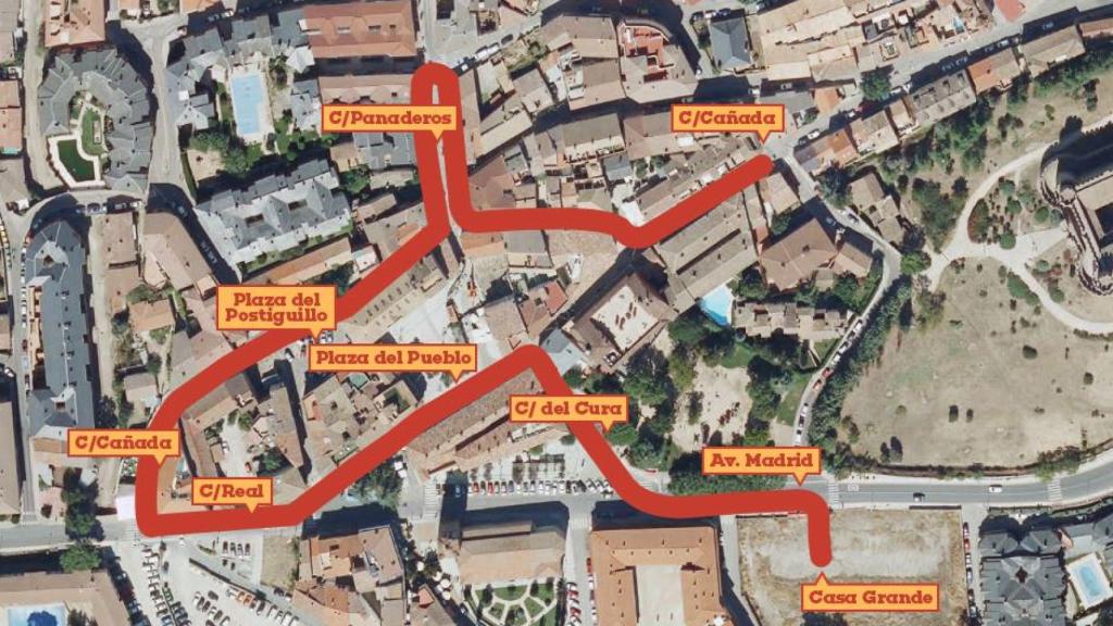 Plano del recorrido de la bueyada infantil de las fiestas de Manzanares el Real 2024.