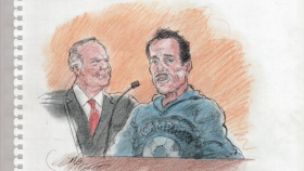 Dibujo de 'Mayo Zambada' declarando en un juzgado de EEUU el pasado jueves.