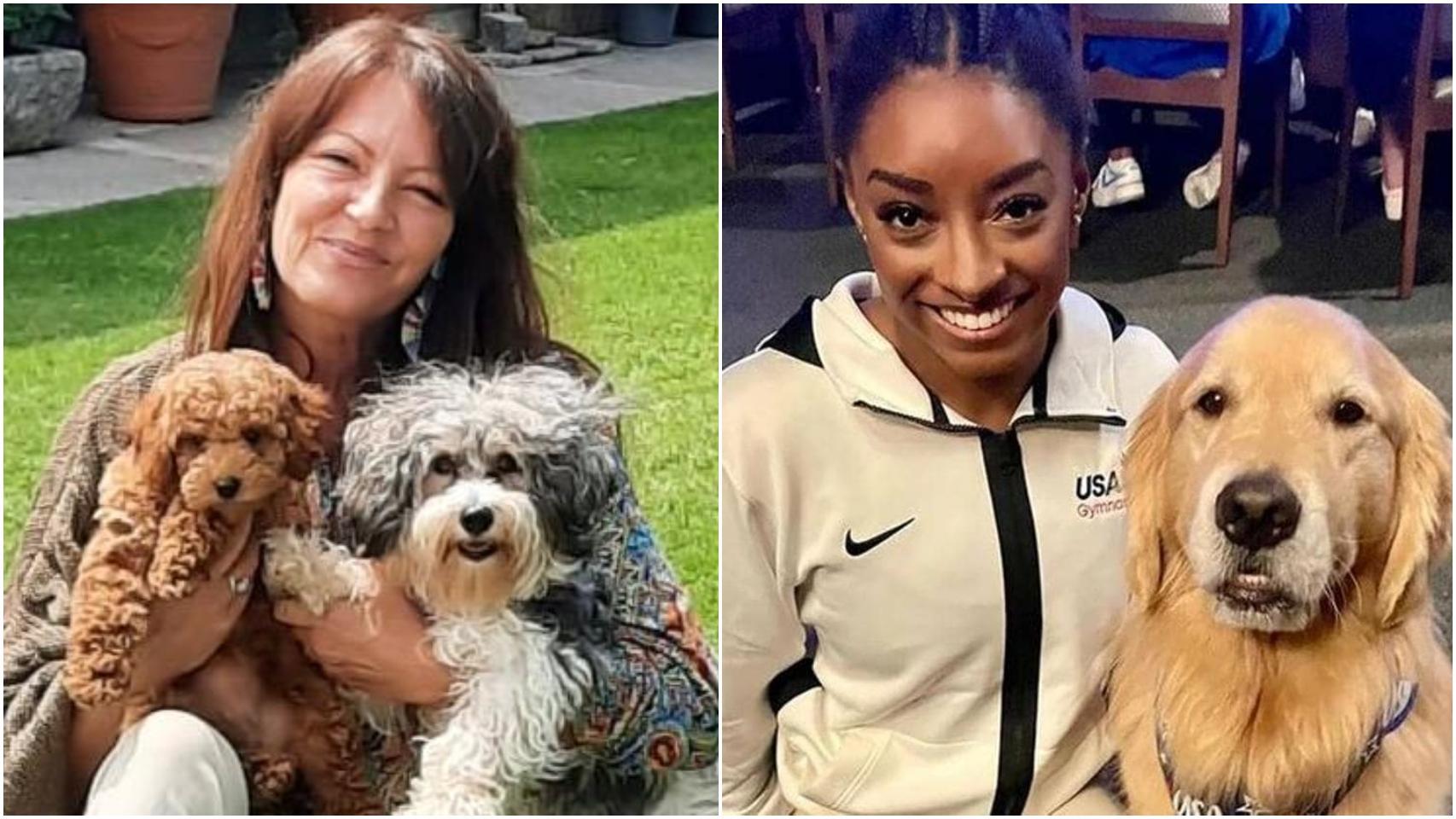 A la izquierda, Begoña Morenza con algunos de los perros de Yaracan. A la derecha, Simone Biles y Beacon.