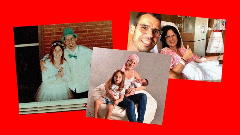 Tres momentos de los López Gurrea: se casan en el balcón; primera sesión de quimioterapia embarazada de Marcos; día contra el cáncer de mama, con sus hijos.