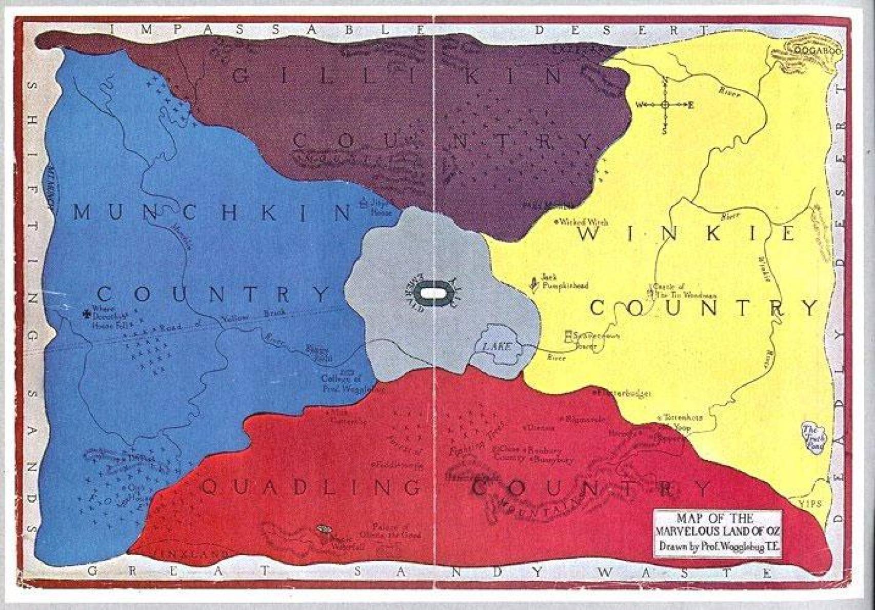 Mapa oficial de la tierra de Oz, según apareció en 'Tik-tok of Oz', el octavo libro de la serie, publicado en 1914.