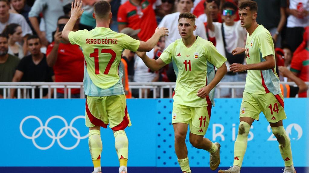 Fermín López celebra su gol anotado ante Marruecos.