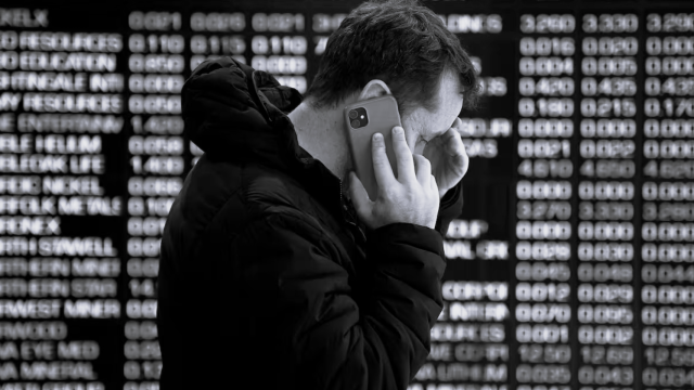 Captura de pantalla 2024-08-05 194357Una persona habla por teléfono frente a los paneles indicadores en la Bolsa de Valores de Australia en Sídney, este lunes.