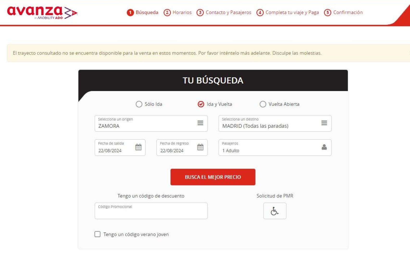 Web de Avanzabus donde no se pueden comprar billetes desde el 22 de agosto