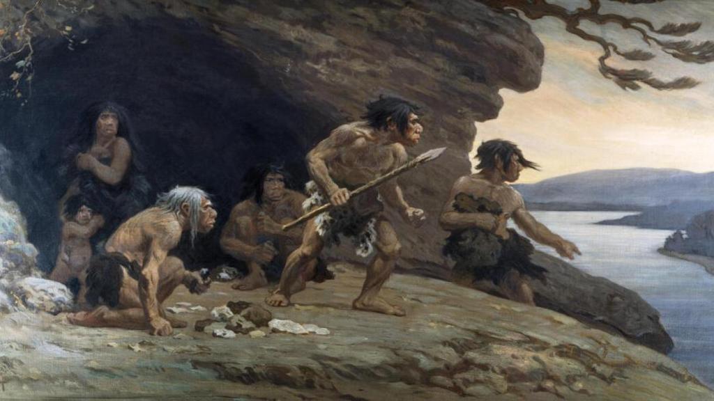 Neandertales de la cueva de Le Moustier según el pincel de Charles Robert Knight en 1920.