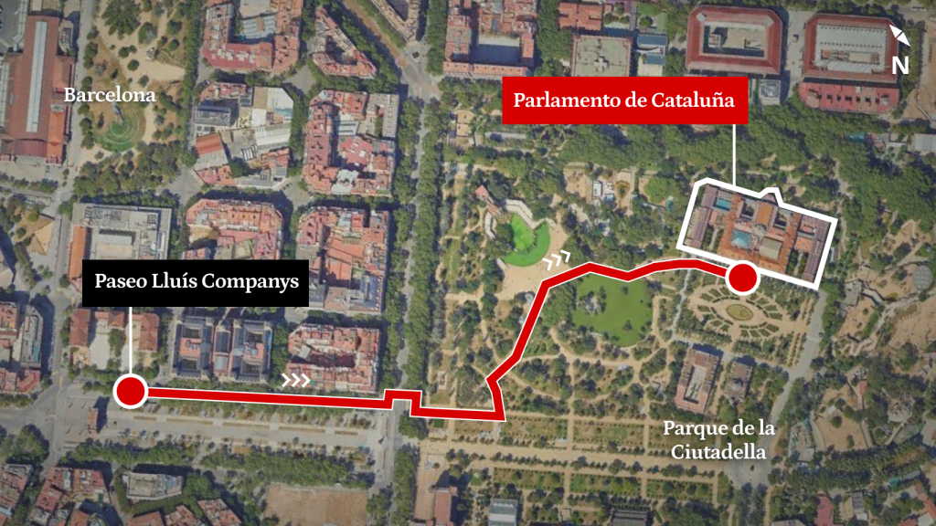 Previsible recorrido que hará Puigdemont desde el Paseo de Lluís Companys hasta el Parlament.